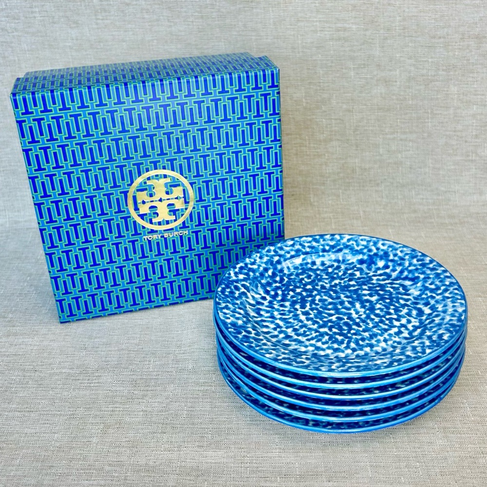 Tory Burch Hand-Painted Blue Spongewear Canapé Plates Set of 6 – NWT w/ Box